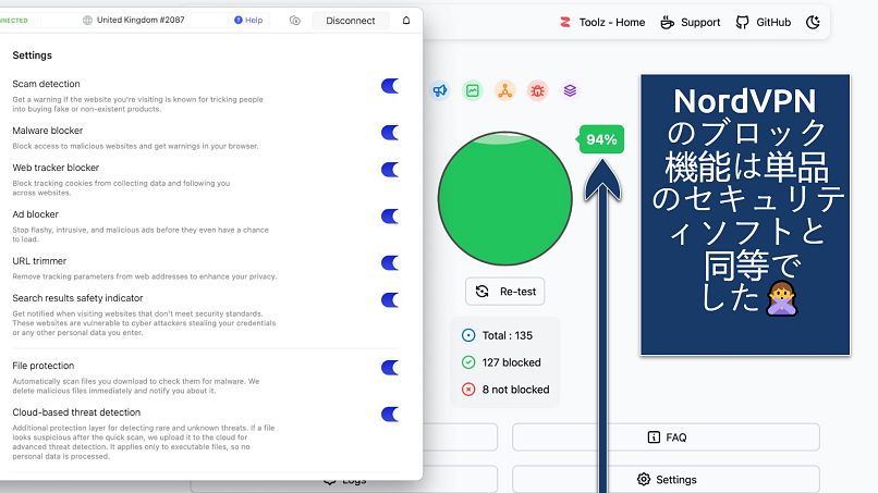 Screenshot showing the NordVPN app over an online malicious content blocker tester