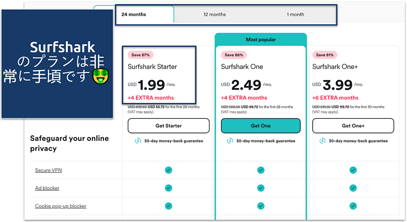 Screenshot of Surfshark's pricing page