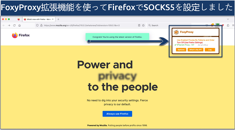 Screenshot of IPVanish SOCKS5 proxy set up in Firefox