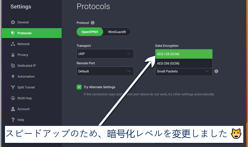 Screenshot of the Protocols settings in PIA's app