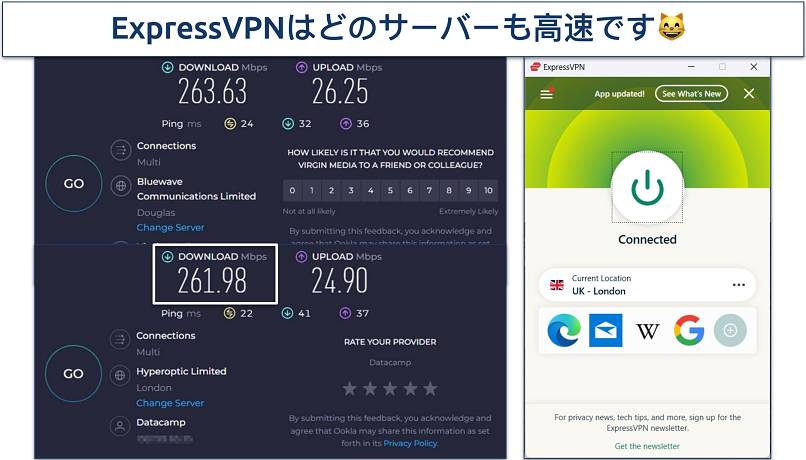 Screenshot of ExpressVPN speed tests on its London server