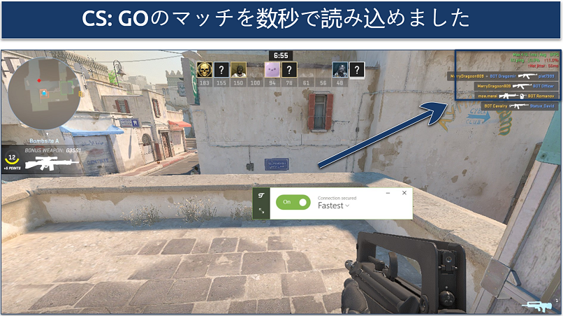 A screenshot showing playing Counter-Strike: Global Offensive while connected to TunnelBear's fastest server