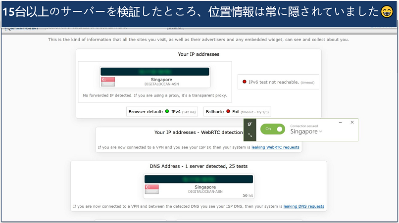 A screenshot showing TunnelBear passed DNS, IP leak, and WebRTC tests