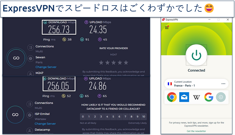 Screenshot showing speeds of ExpressVPN on Paris and Poland servers