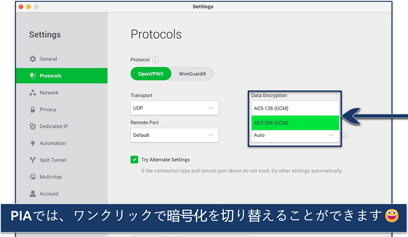 Screenshot showing the Protocols panel in PIA's Settings