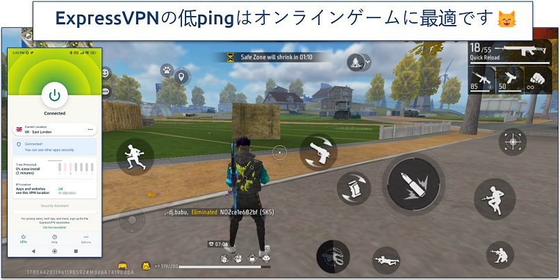 Screenshot of Free Fire gameplay with ExpressVPN connected