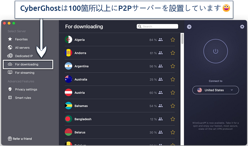 Screenshot showing CyberGhost's specialty P2P For downloading servers