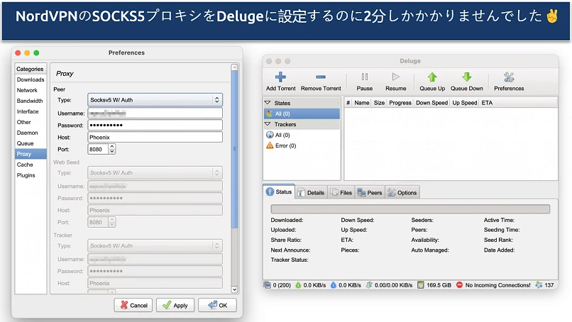 Screenshot showing how to configure NordVPN's SOCKS5 proxy to Deluge