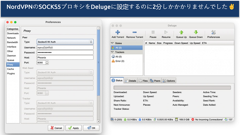 Screenshot showing how to configure NordVPN's SOCKS5 proxy to Deluge