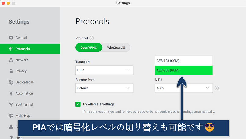 Screenshot showing how to switch encryption levels on the PIA app