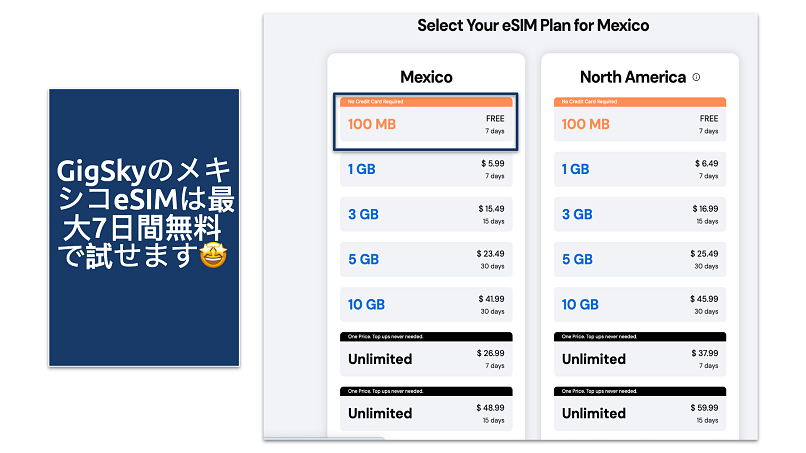 Screenshot showing the GigSky Mexico eSIM plans
