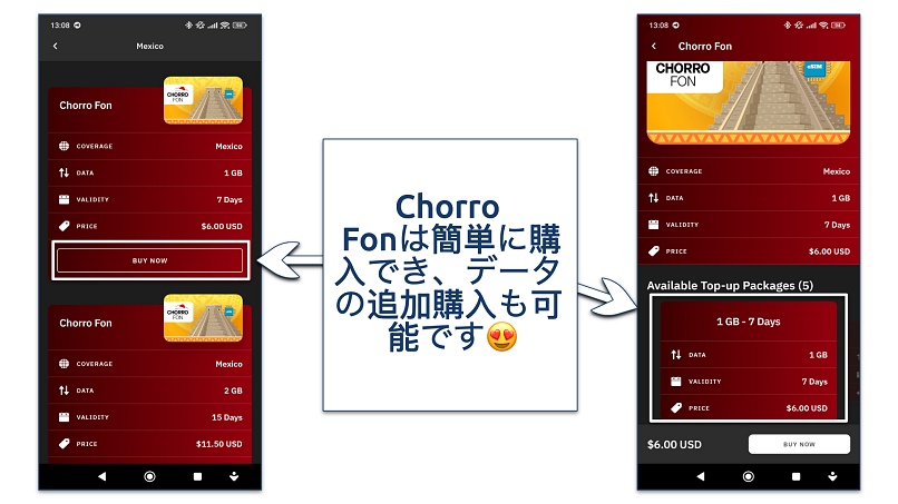 Screenshot of Airlao's Chorro Fon eSIM options