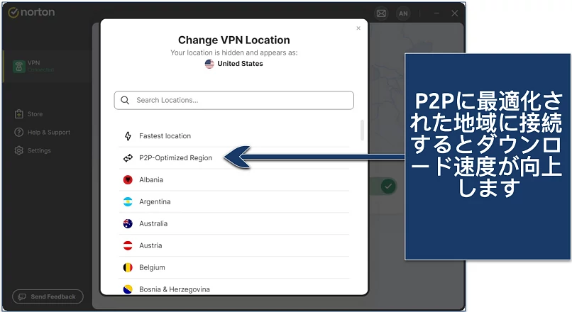 Screenshot of Norton VPN's server list