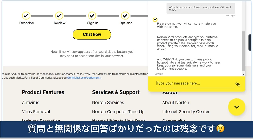 Screenshot of a conversation with Norton VPN's live chat agent
