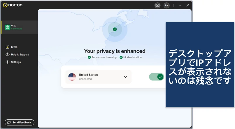 Screenshot of Norton VPN's Windows app connected to a US server