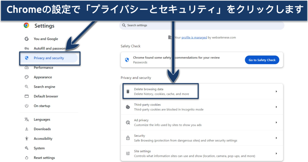 A screenshot showing how to clear cookies and cache in Chrome