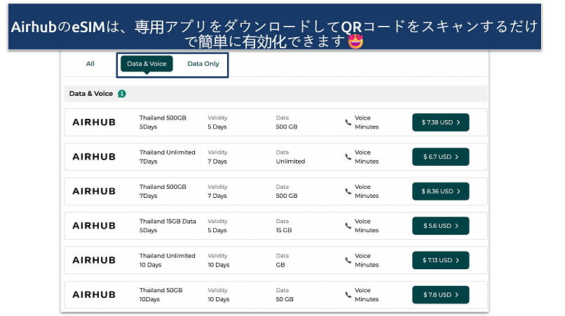 Screenshot of the Airhub eSIM plans for Thailand