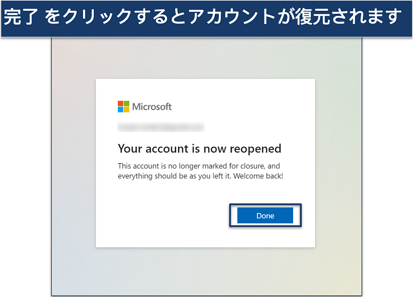 Screenshot of Windows account reopened