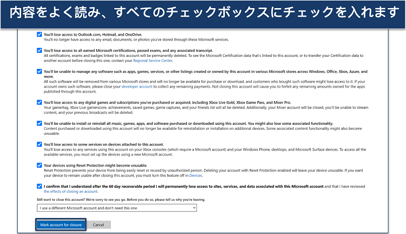 Screenshot of Microsoft account closure confirmation page