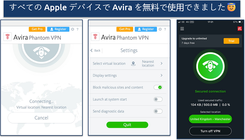 Screenshots showing the Avira Phantom macOS and iOS apps