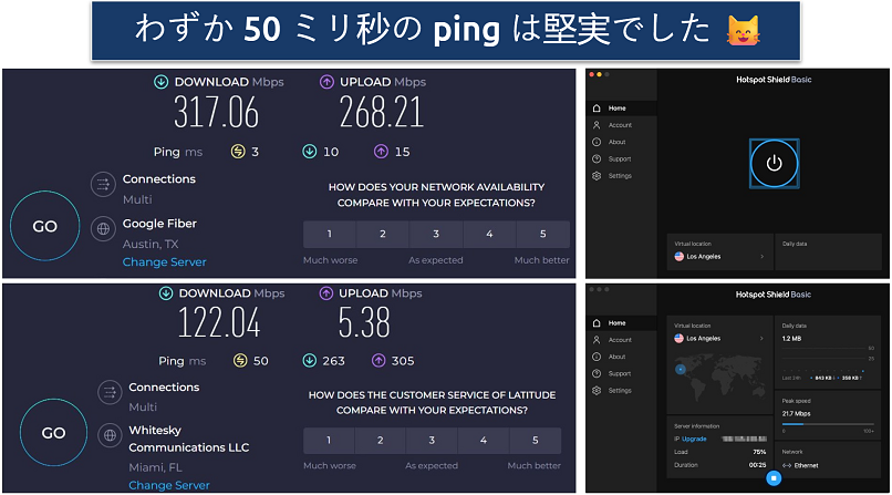 Screenshots of speed tests alongside the Hotspot Shield app