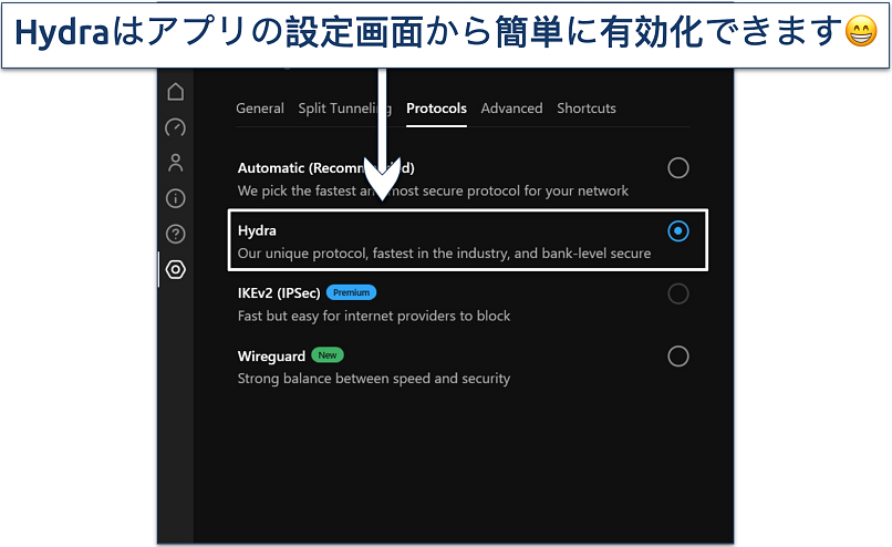 Screenshot showing how to enable Hydra protocol