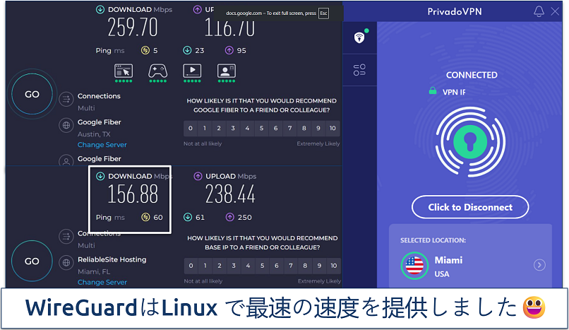Screenshot of a speed chart showing speeds on PrivadoVPN's Miami server