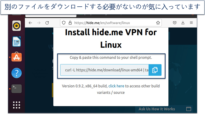 Screenshot of the installation page for hide.me's Linux application