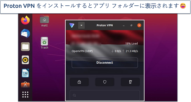 Screenshot of ProtonVPN on a Linux device while connected to OpenVPN UDP