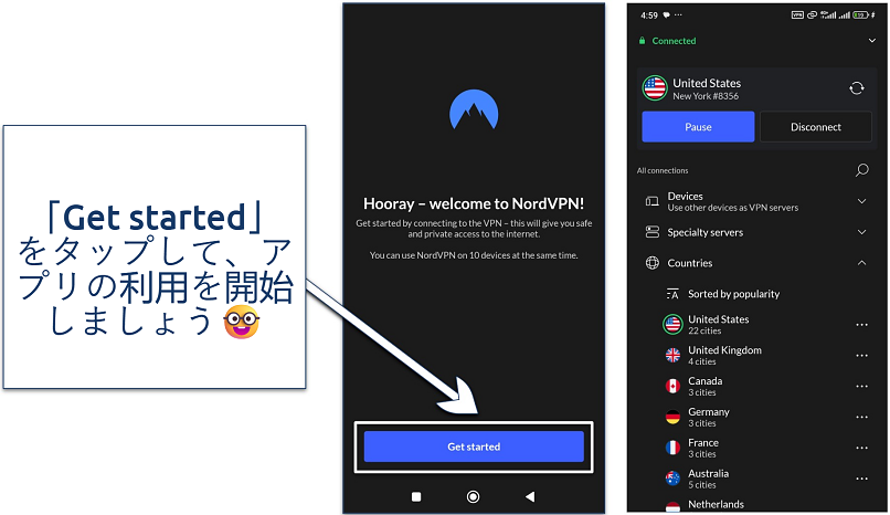 Screenshots of the trial setup completion and the NordVPN app connected