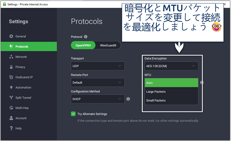 A screenshot of PIA customization settings for gaming