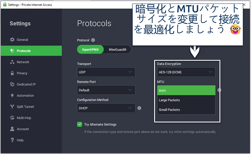 A screenshot of PIA customization settings for gaming