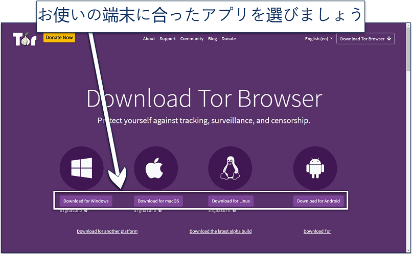 Screenshots of the Tor Browser download page on the website