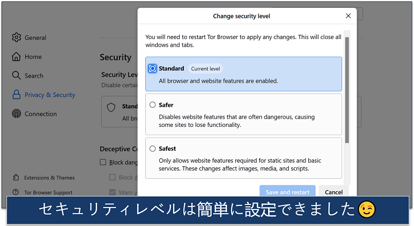 Screenshots of the Tor Browser Change security settings page