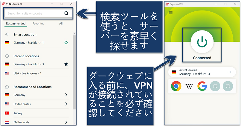 Screenshots of the ExpressVPN Windows app with an active connection to the Germany - Frankfurt - 3 server