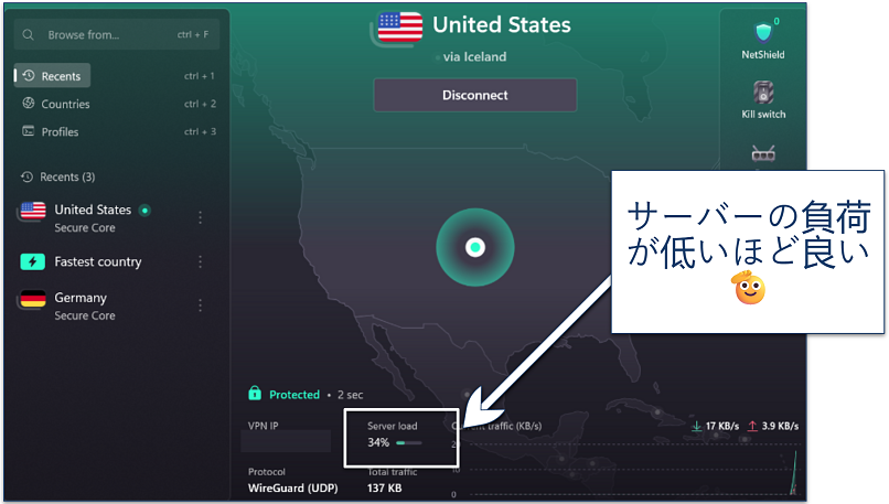 A screenshot of Proton VPN dashboard showing the VPN connected to a server in the US